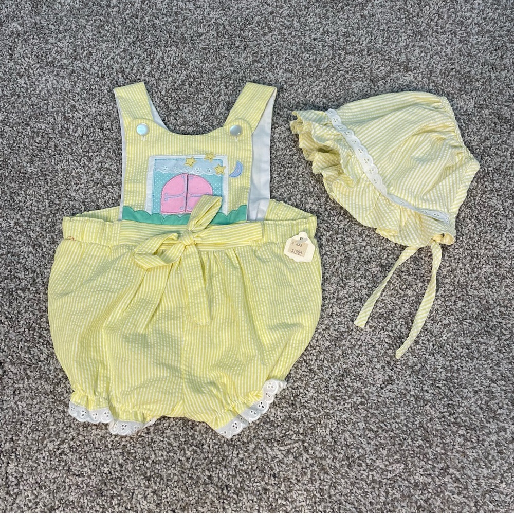 Vintage Pete’s Jeans by Good Lad baby romper and bonnet